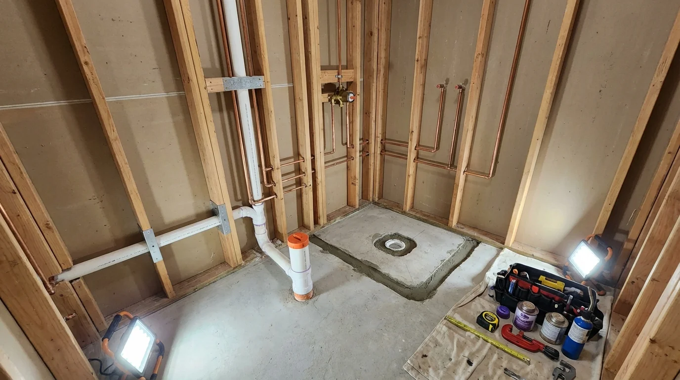 Bathroom rough-in plumbing during remodel by Johns Plumbing LLC in North Smithfield