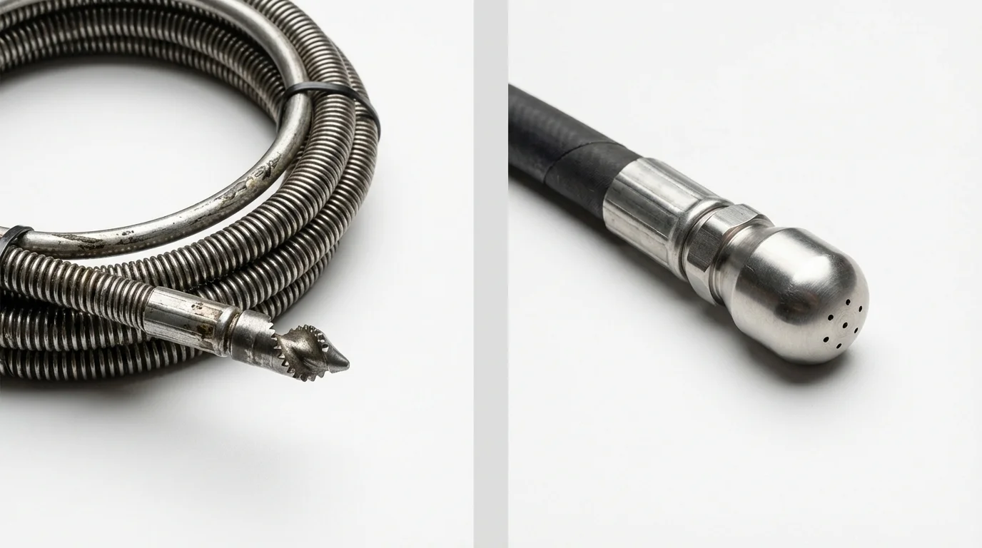 Drain snake cable and hydro jetting nozzle used for drain cleaning in North Smithfield, RI