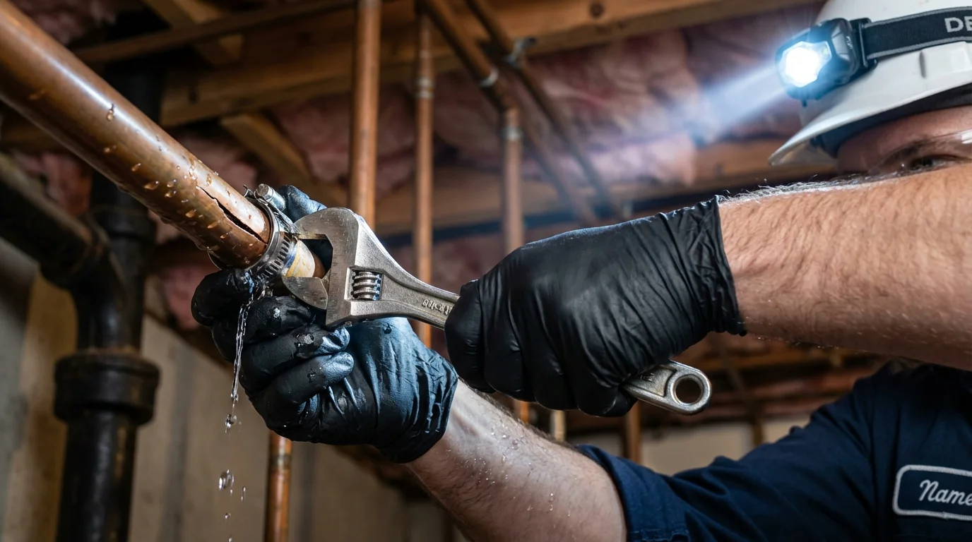 Emergency pipe clamp repair being performed by a Johns Plumbing LLC plumber in North Smithfield