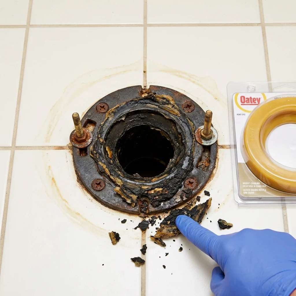 Failed wax ring showing water seepage at the base of a toilet in a North Smithfield, RI home