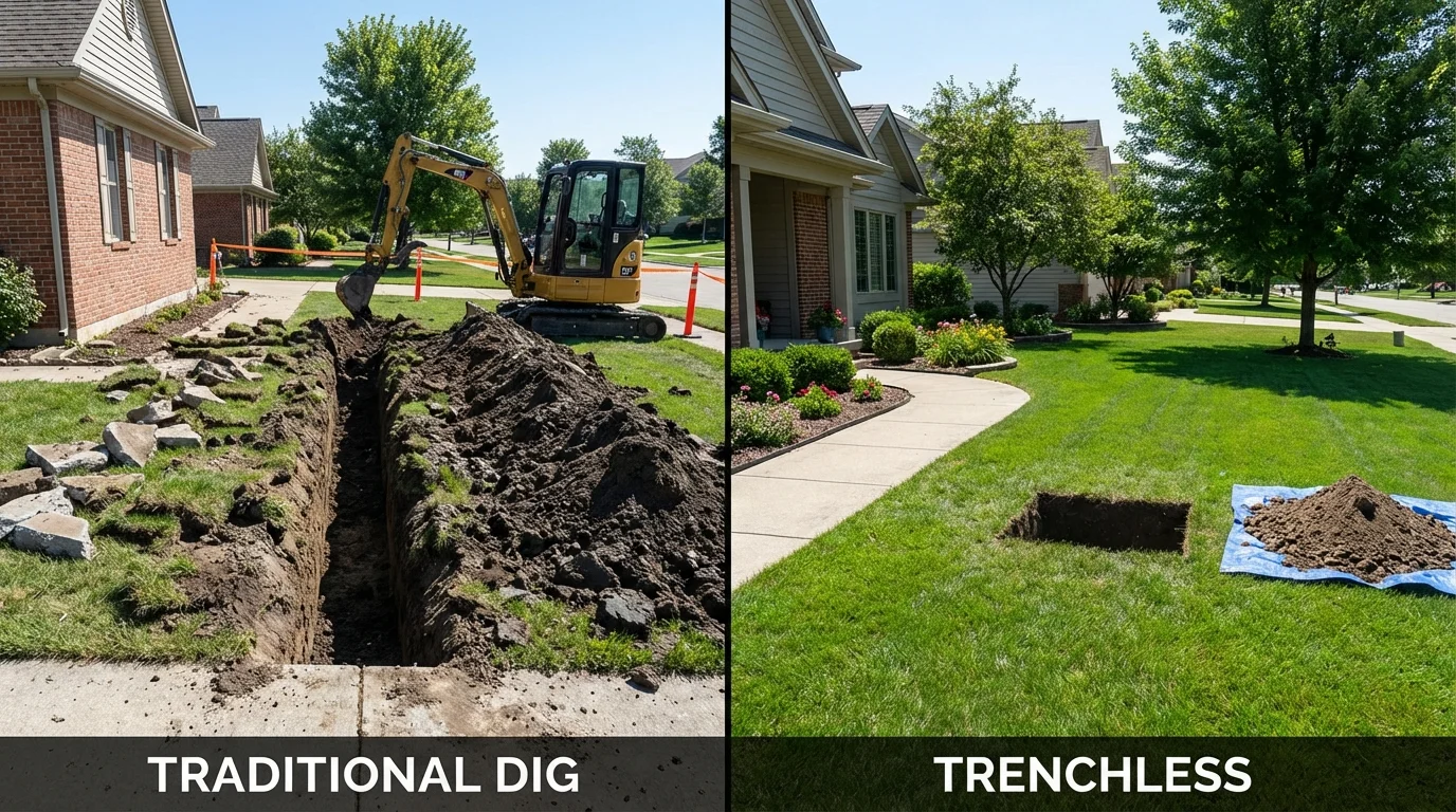 Trenchless sewer repair with minimal yard damage versus traditional excavation in North Smithfield, RI