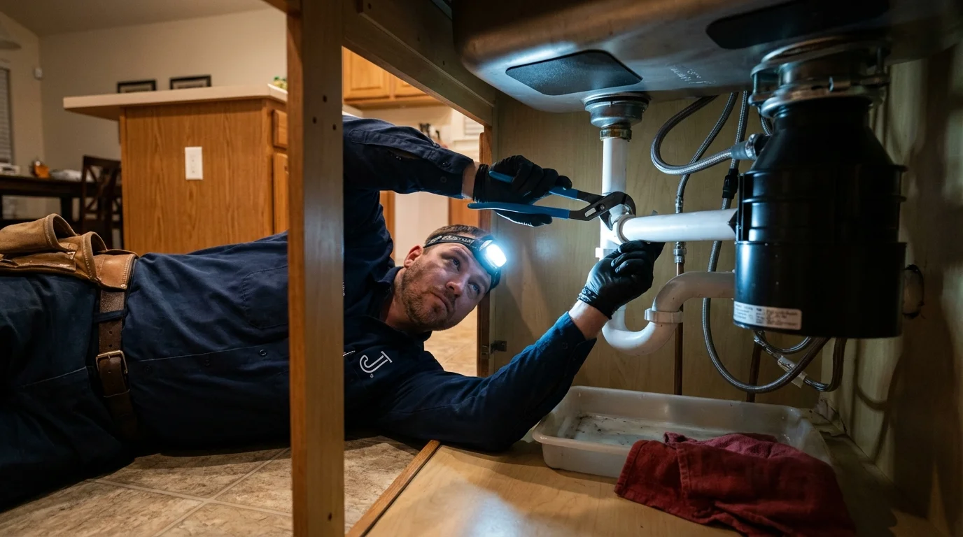 P-trap and supply line connections under a kitchen sink showing a common leak point in North Smithfield, RI